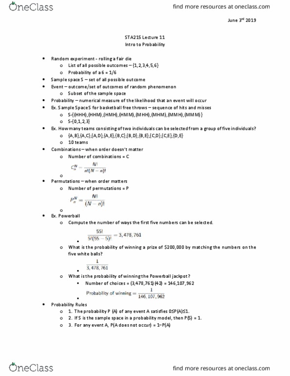 STA215H5 Lecture Notes - Lecture 11: Sample Space, Conditional Probability thumbnail