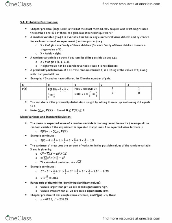 STATS 2B03 Chapter Notes - Chapter 5: Probability Distribution, Random Variable, Standard Deviation thumbnail