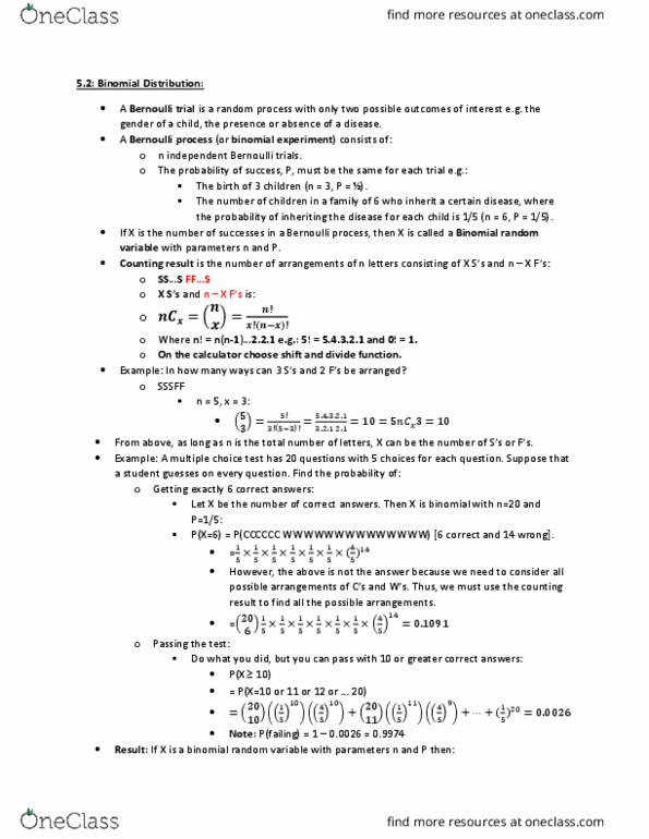 STATS 2B03 Chapter Notes - Chapter 5: Bernoulli Trial, Bernoulli Process, Random Variable thumbnail