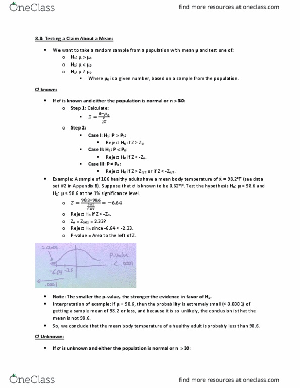 STATS 2B03 Chapter Notes - Chapter 8: Test Statistic, Standard Deviation, Cue Card thumbnail