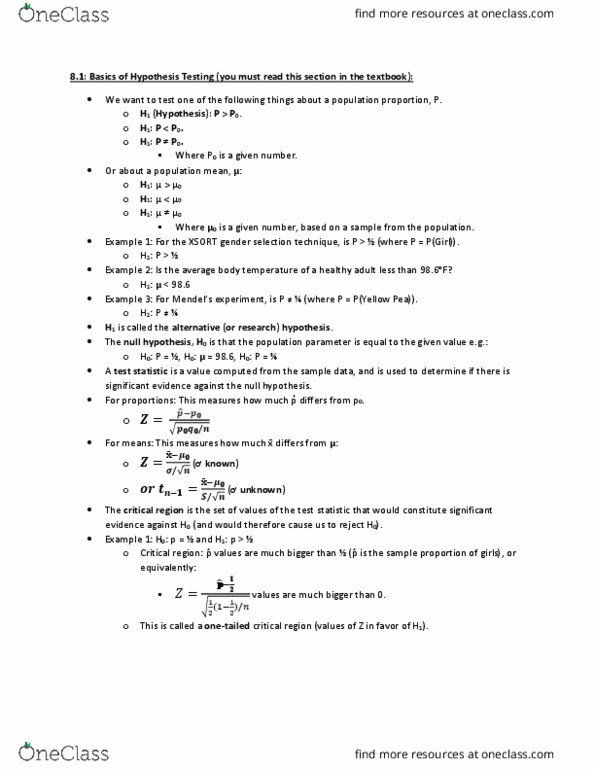 STATS 2B03 Chapter Notes - Chapter 8: Null Hypothesis, Statistical Hypothesis Testing, Sex Selection thumbnail
