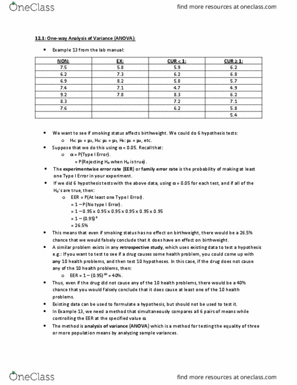 STATS 2B03 Chapter Notes - Chapter 12: Family-Wise Error Rate, Type I And Type Ii Errors, Variance thumbnail