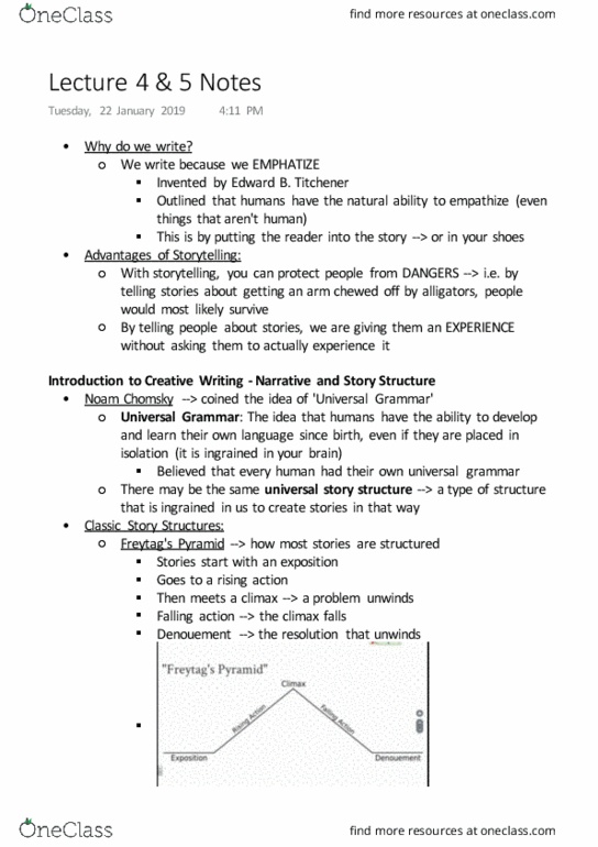 CRWR 200 Lecture Notes - Lecture 4: Noam Chomsky, Universal Grammar, The Climax thumbnail