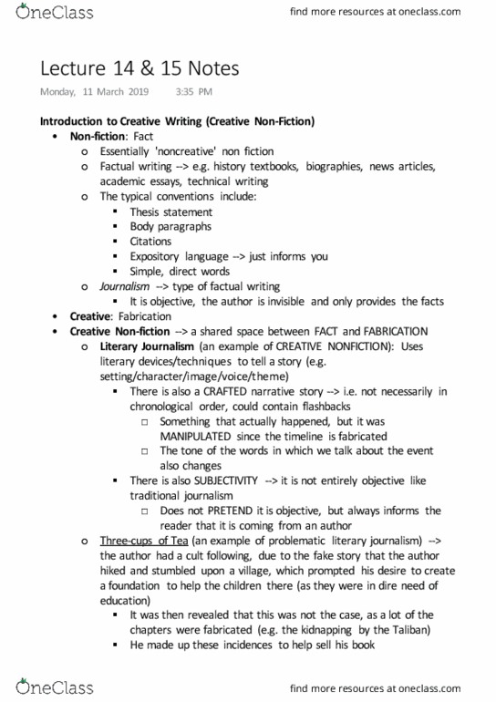 CRWR 200 Lecture Notes - Lecture 14: Creative Nonfiction, Thesis Statement, Institute For Operations Research And The Management Sciences thumbnail