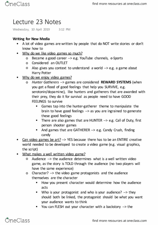 CRWR 200 Lecture Notes - Lecture 23: Candy Crush Saga, Hunter-Gatherer, Masculinity thumbnail