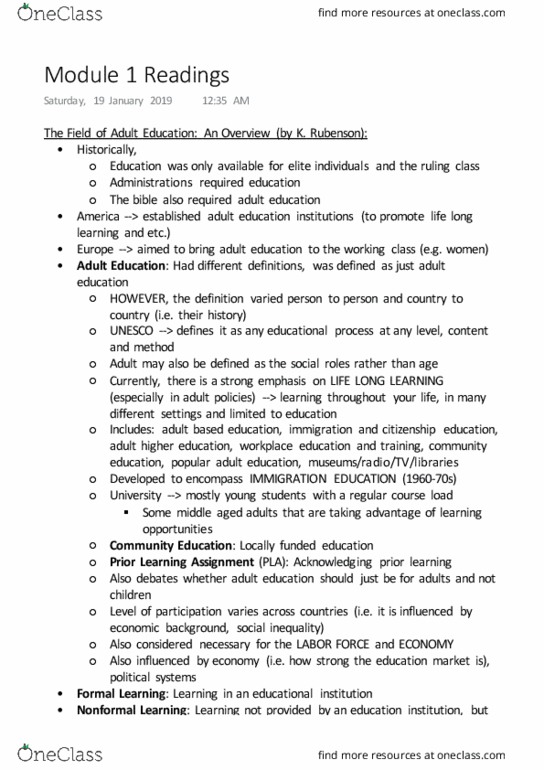 ADHE 412 Chapter Notes - Chapter 1: Adult Education, Ringfort, Social Inequality thumbnail