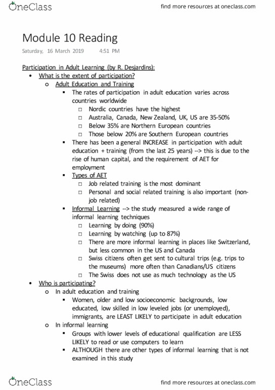 ADHE 412 Chapter Notes - Chapter 10: Informal Learning, Human Capital, Social Exclusion thumbnail