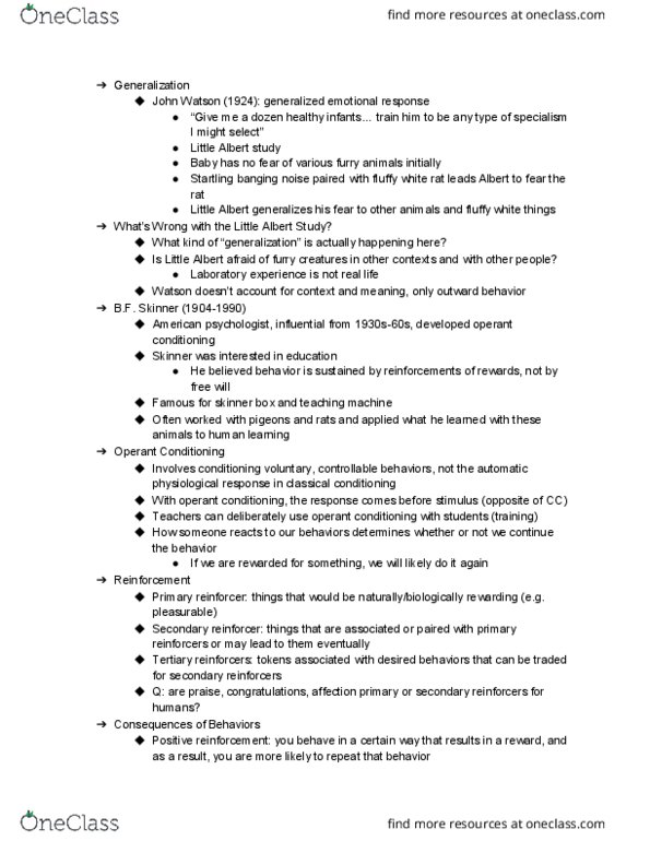 EDU 110 Lecture Notes - Lecture 2: Little Albert Experiment, Operant Conditioning Chamber, American Psychologist thumbnail