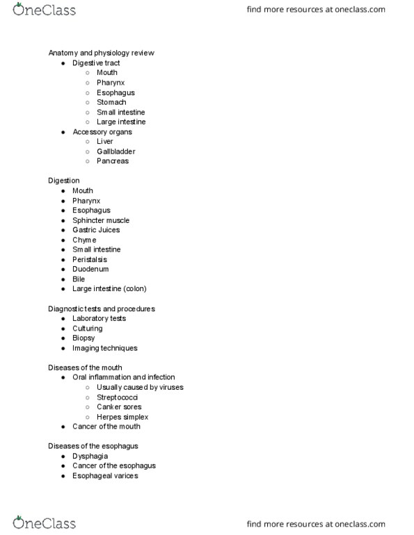 HSC 310 Lecture Notes - Lecture 9: Esophageal Varices, Sphincter, Gastrointestinal Tract thumbnail