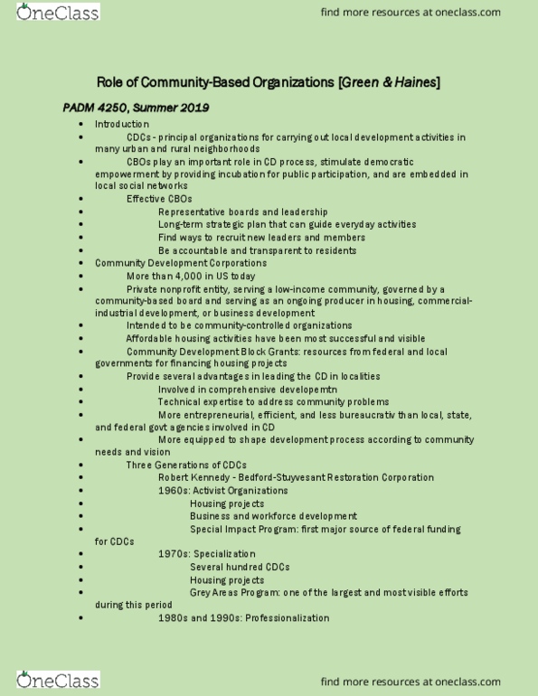 PACS 4250 Chapter Notes - Chapter 5: Development Corporations, Affordable Housing, Community Organizing thumbnail