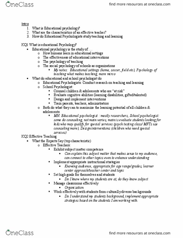 PSYC 311 Lecture Notes - Lecture 1: Educational Psychologist, School Psychology, Educational Psychology thumbnail