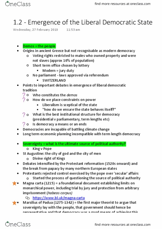 POLS1102 Lecture Notes - Lecture 2: Term Of Office, Liberal Democracy, Protestantism thumbnail