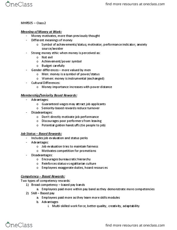 MHR 505 Lecture Notes - Lecture 2: Golden Handcuffs, Job Evaluation, Job Performance thumbnail