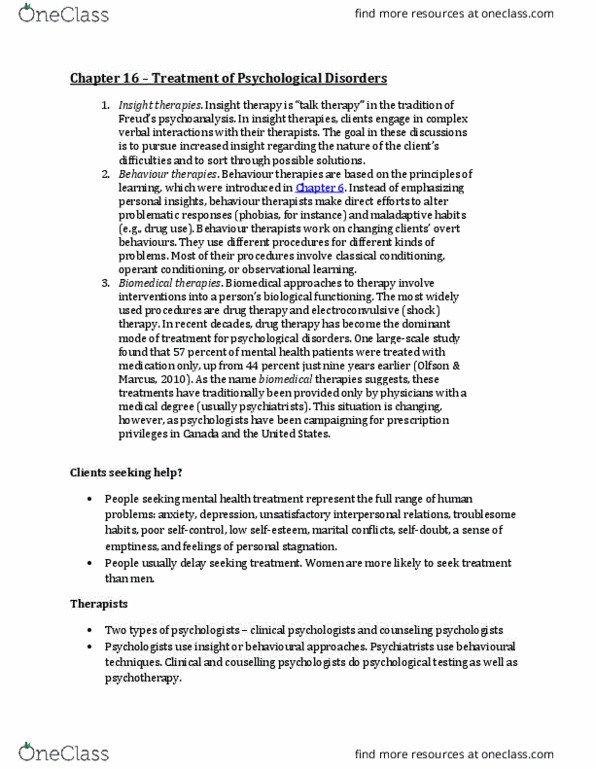 PSYC 1010 Chapter Notes - Chapter 16: Clinical Psychology, Ethology, Psychological Testing thumbnail