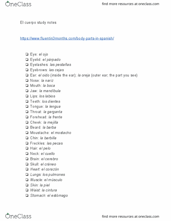 SPAN 112 Chapter Notes - Chapter el cuerpo: La Boca, Cerebro, Eyelid thumbnail