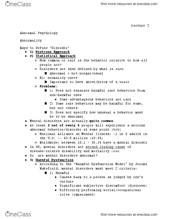 PSYCH 230 Lecture Notes - Lecture 2: Mental Disorder, Personal Distress, Dsm-5 thumbnail