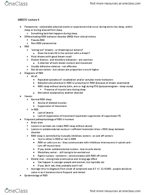 NBB 370 Lecture Notes - Lecture 4: Atony, Raphe Nuclei, Polysomnography thumbnail