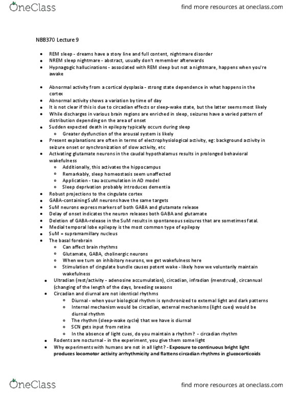 NBB 370 Lecture Notes - Lecture 9: Circadian Rhythm Sleep Disorder, Temporal Lobe Epilepsy, Circadian Rhythm thumbnail