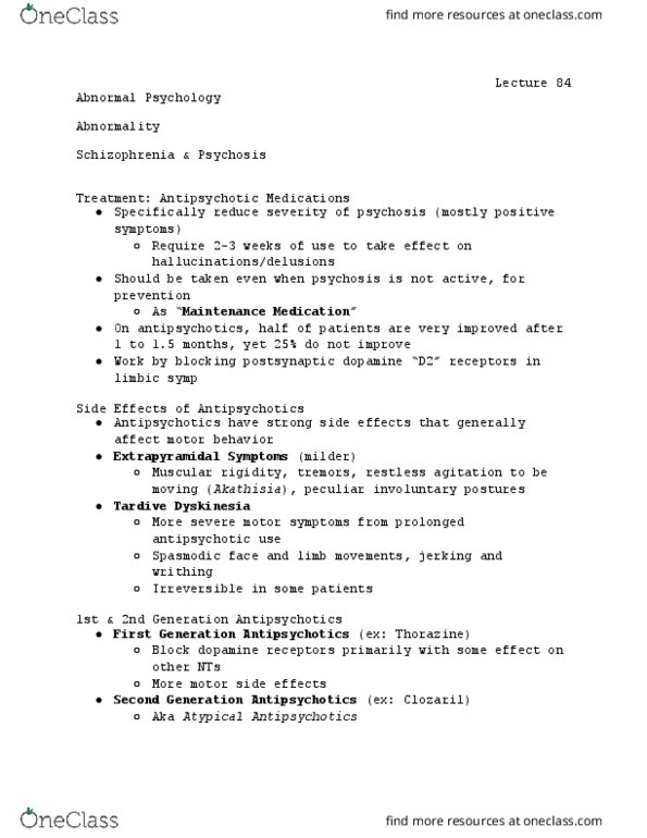 PSYCH 230 Lecture Notes - Lecture 84: Tardive Dyskinesia, Clozapine, Antipsychotic thumbnail