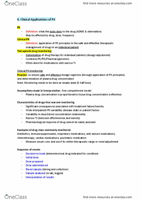 PHRM 100 Lecture Notes - Lecture 6: Therapeutic Drug Monitoring, Psychiatric Medication, Chemotherapy thumbnail