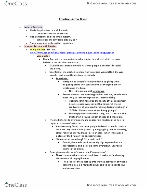 PSYC18H3 Lecture Notes - Lecture 7: Limbic System, Tryptophan, Neocortex thumbnail