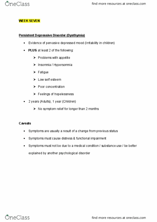PSYC3308 Lecture Notes - Lecture 7: Hypersomnia, Dysthymia, Bipolar Disorder thumbnail