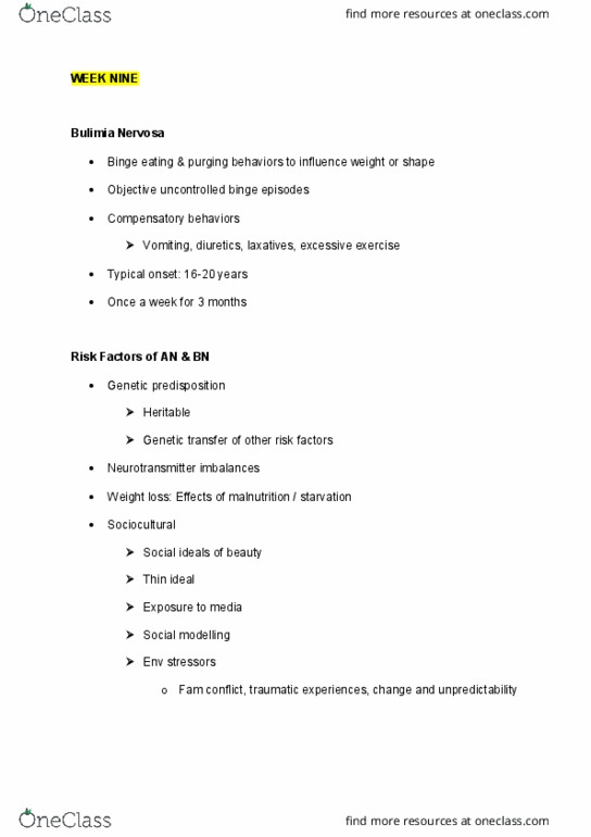 PSYC3308 Lecture Notes - Lecture 9: Bulimia Nervosa, Binge Eating, Genetic Predisposition thumbnail