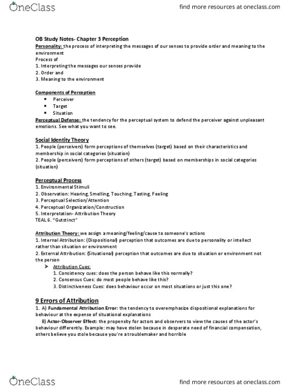 COMMERCE 1BA3 Chapter Notes - Chapter 3: Social Identity Theory, Fundamental Attribution Error, Stereotype thumbnail