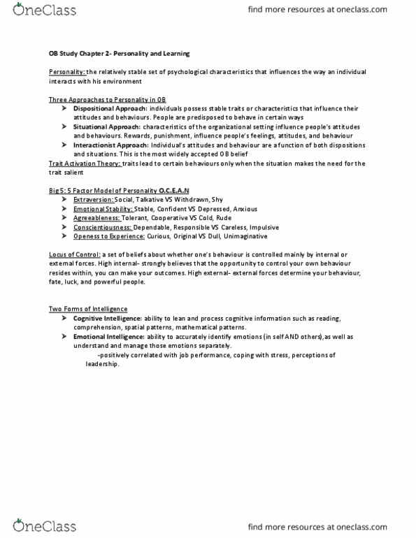 COMMERCE 1BA3 Chapter Notes - Chapter 2: Social Cognitive Theory, Trait Theory, Job Performance thumbnail