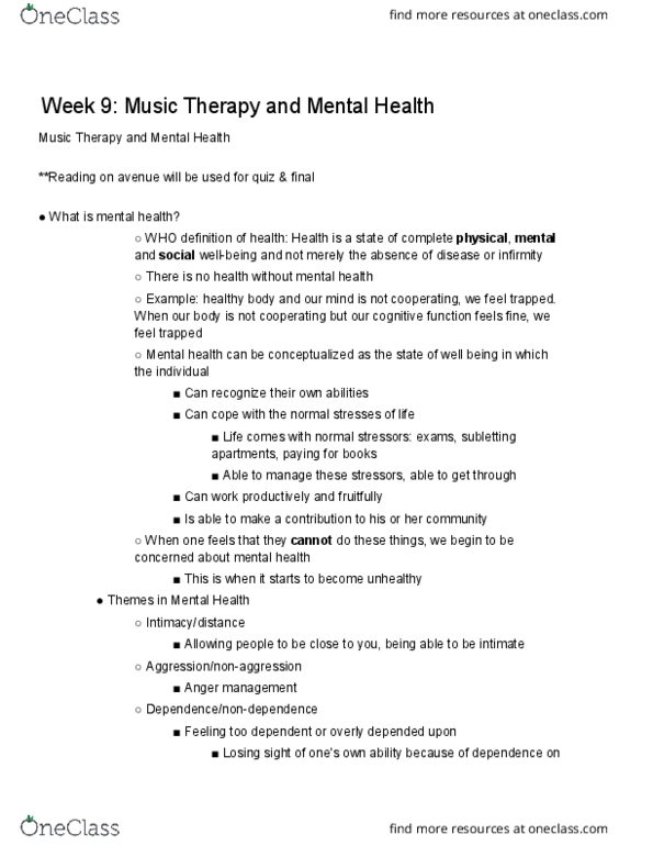 MUSIC 2MT3 Lecture Notes - Lecture 9: Music Therapy, Anger Management, Schizophrenia thumbnail