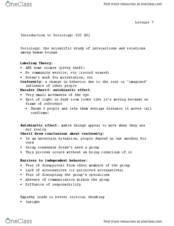 SOC 001 Lecture Notes - Lecture 7: Muzafer Sherif, Labeling Theory thumbnail