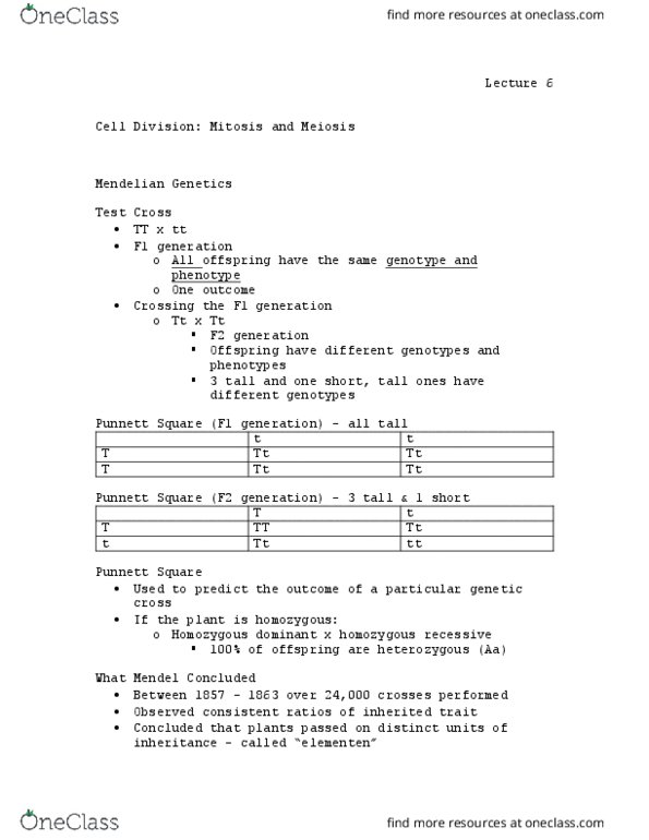 BIOL 110 Lecture Notes - Lecture 6: Punnett Square, Mendelian Inheritance, Zygosity thumbnail