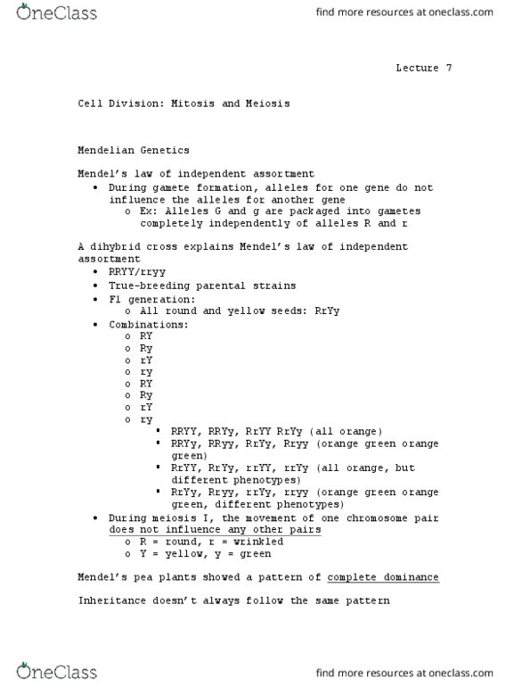 BIOL 110 Lecture Notes - Lecture 7: Dihybrid Cross, Mendelian Inheritance, Meiosis thumbnail