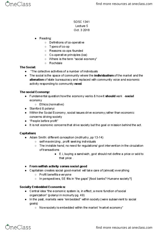 SOSC 1341 Lecture Notes - Lecture 5: Humane Society, Invisible Hand, Sole Proprietorship thumbnail