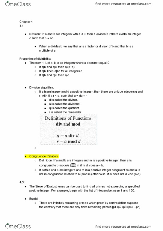 MATH 1190 Lecture Notes - Lecture 7: Congruence Relation, Division Algorithm thumbnail