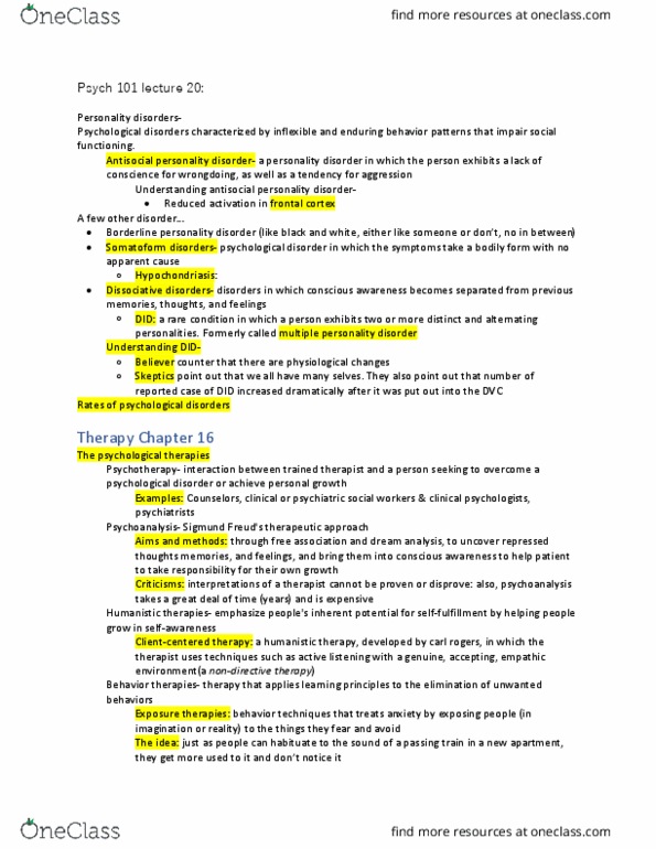 PSY 101 Lecture Notes - Lecture 20: Antisocial Personality Disorder, Borderline Personality Disorder, Dissociative Identity Disorder thumbnail