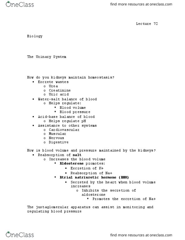 BIOL 110 Lecture Notes - Lecture 72: Juxtaglomerular Apparatus, Aldosterone, Creatinine thumbnail