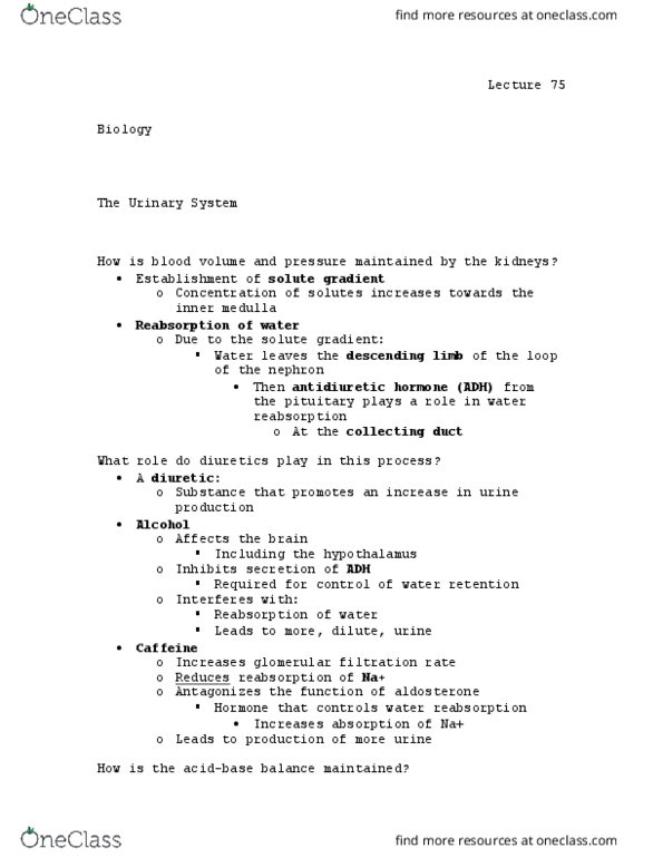 BIOL 110 Lecture Notes - Lecture 75: Renal Function, Descending Limb Of Loop Of Henle, Reabsorption thumbnail