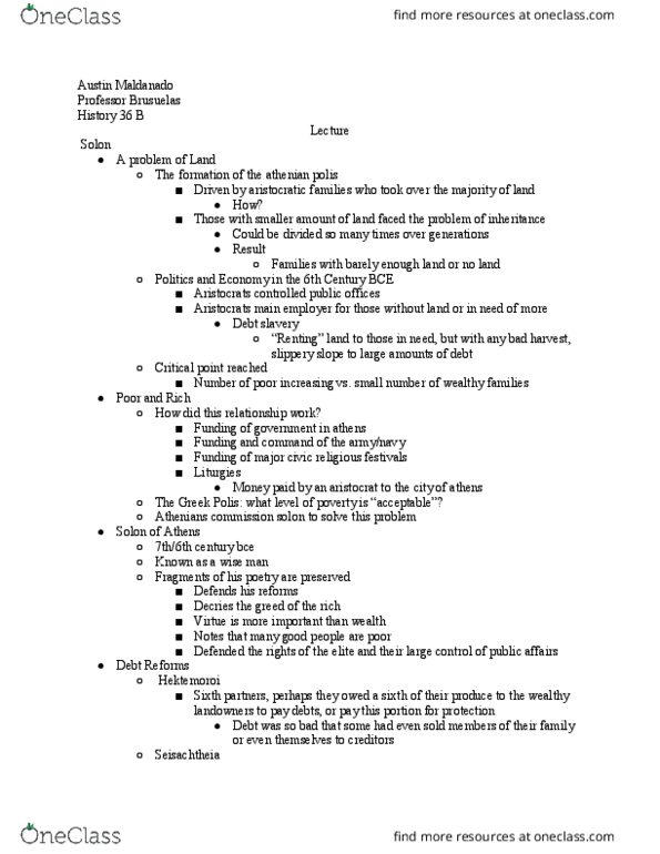 HISTORY 36B Lecture Notes - Lecture 2: Debt Bondage, Alcmaeonidae, Solonian Constitution thumbnail