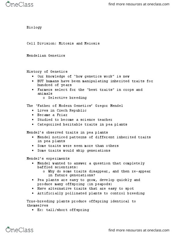 BIOL 155 Lecture Notes - Lecture 17: Gregor Mendel, Mendelian Inheritance, Selective Breeding thumbnail