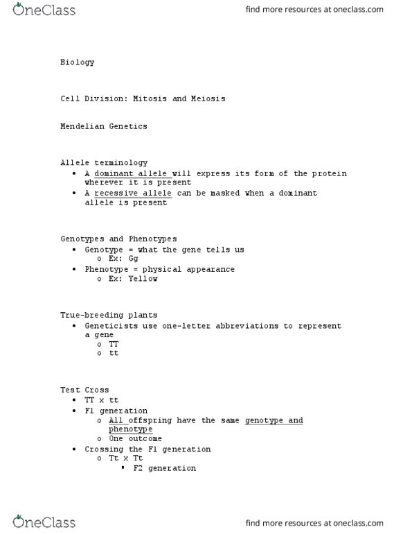 BIOL 155 Lecture Notes - Lecture 28: Mendelian Inheritance, Allele, Meiosis thumbnail