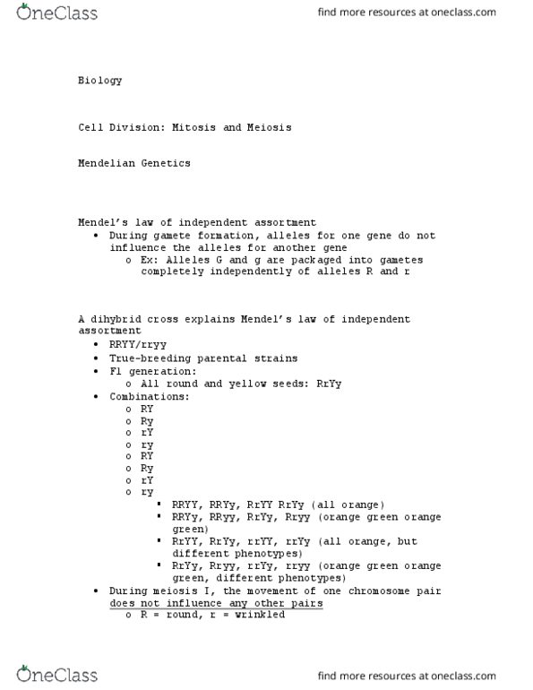 BIOL 155 Lecture Notes - Lecture 39: Dihybrid Cross, Mendelian Inheritance, Meiosis thumbnail