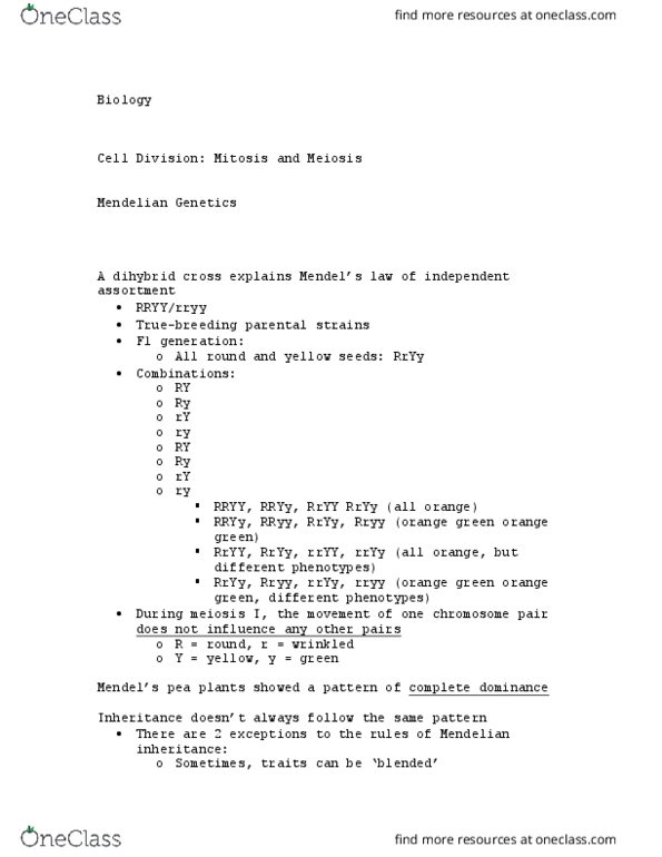 BIOL 155 Lecture Notes - Lecture 40: Dihybrid Cross, Mendelian Inheritance, Meiosis thumbnail