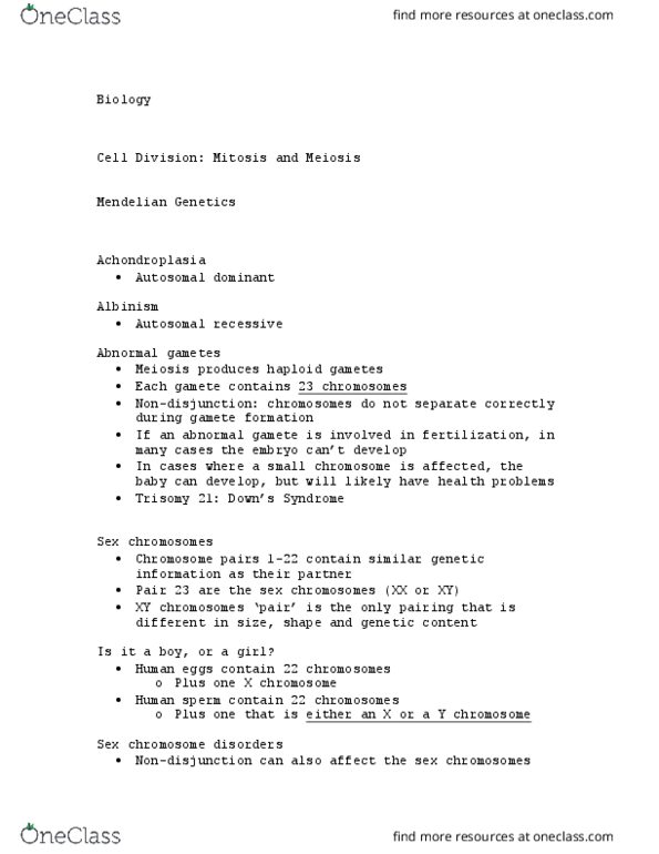BIOL 155 Lecture Notes - Lecture 56: Down Syndrome, Chromosome Abnormality, Mendelian Inheritance thumbnail