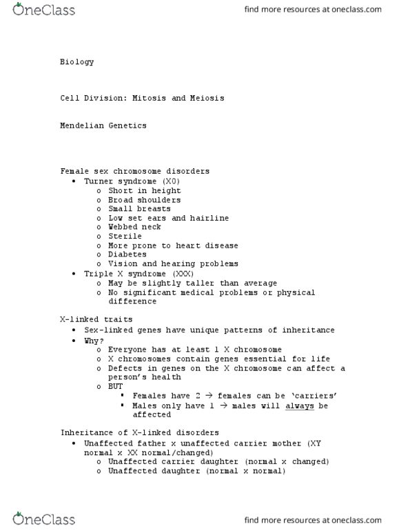 BIOL 155 Lecture Notes - Lecture 62: Webbed Neck, Mendelian Inheritance, Meiosis thumbnail
