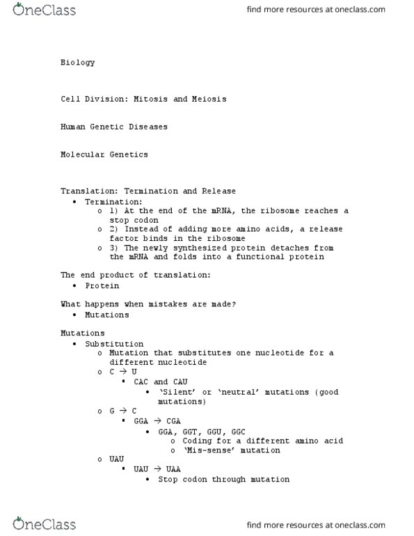 BIOL 155 Lecture Notes - Lecture 1: Missense Mutation, Stop Codon, Release Factor thumbnail