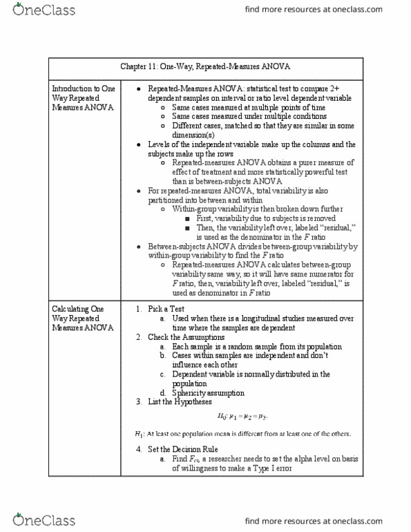 PSY 302 Chapter Notes - Chapter 11: Analysis Of Variance, Statistical Hypothesis Testing, Test Statistic thumbnail