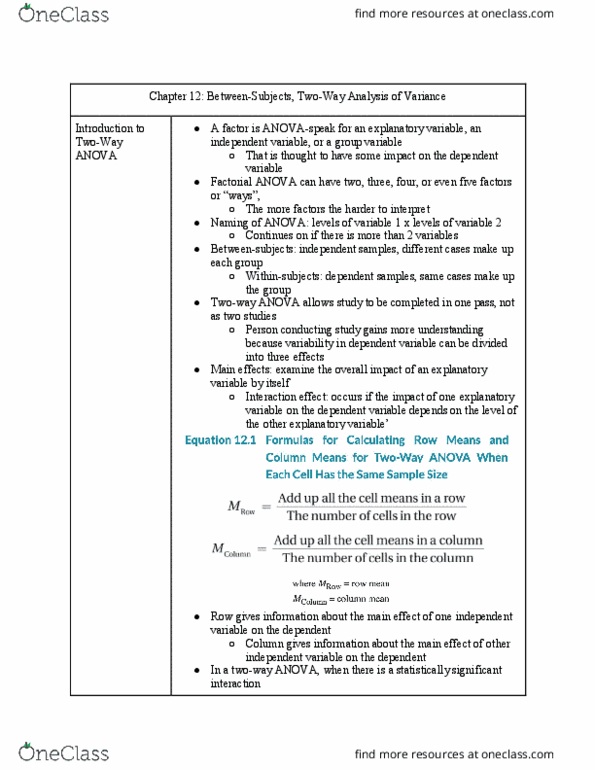 PSY 302 Chapter Notes - Chapter 12: Analysis Of Variance, F-Test, Null Hypothesis thumbnail