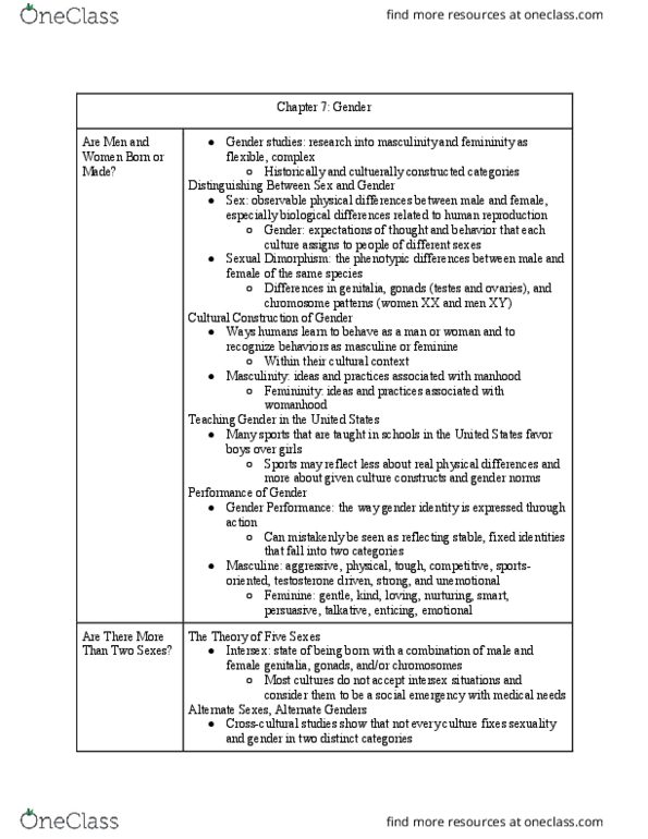 ANTH 161 Chapter Notes - Chapter 7: Human Reproduction, Gender Studies, Femininity thumbnail