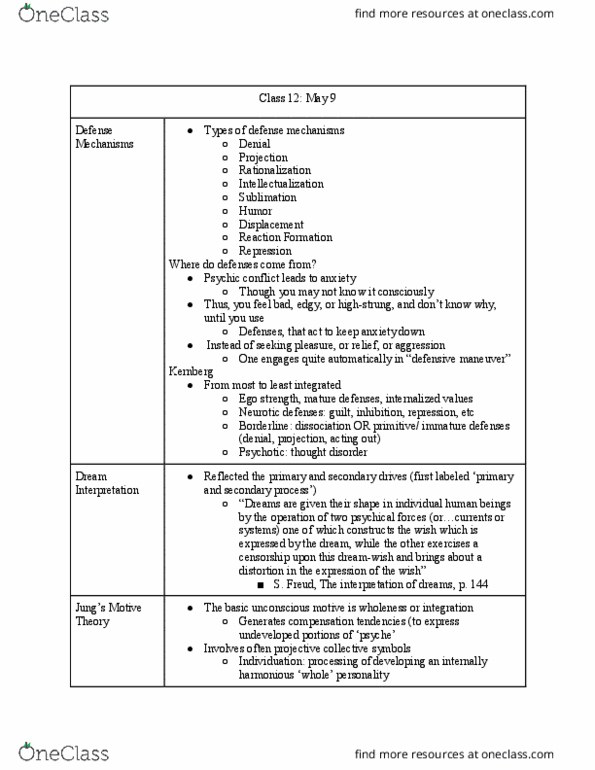 PSY 307 Lecture Notes - Lecture 12: Otto F. Kernberg, Thought Disorder, Reaction Formation thumbnail